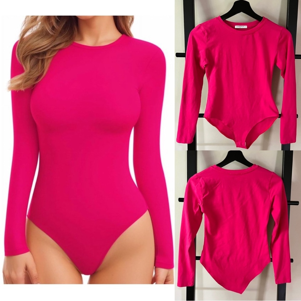 MANGOPOP Women’s Crewneck Long-sleeve Bodysuit Hot Pink Size S